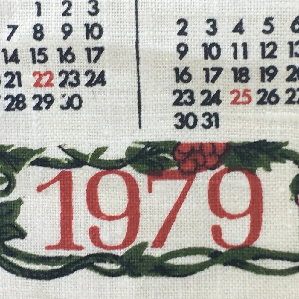Vintage 1979 Linen Wall Calendar Floral Kitchen Prayer Hanging Tea Towel Retro